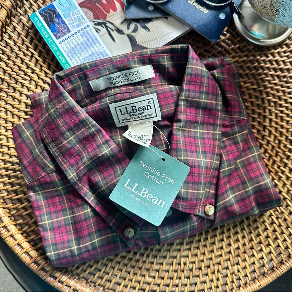 L.L. Bean Wrinkle Free Cotton Plaid Button Down Size Large Regular New with Tags